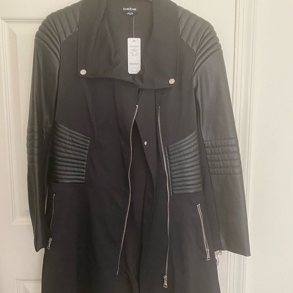 Bebe Black Trench Coat with Asymmetrical Zipper and Quilted Sleeves